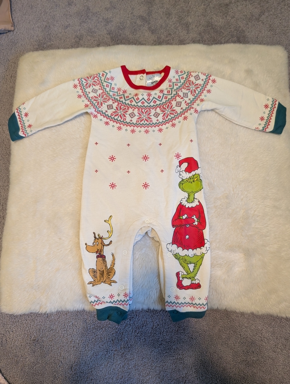 The Grinch One-Piece Onesie Red & Green Grinch Holiday Print Flawed